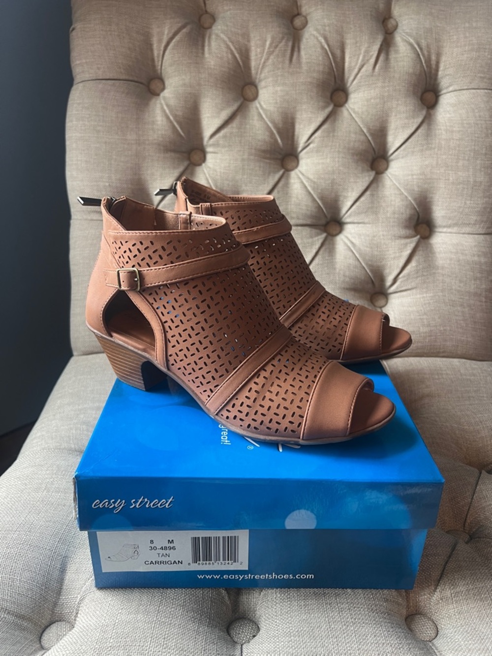 easy street Tan Laser-Cut Peep-Toe Heeled Mules